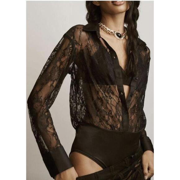 Anthropologie Tops - Anthropologie shirt top womens xxs black lace sheer bodysuit sexy party vampire